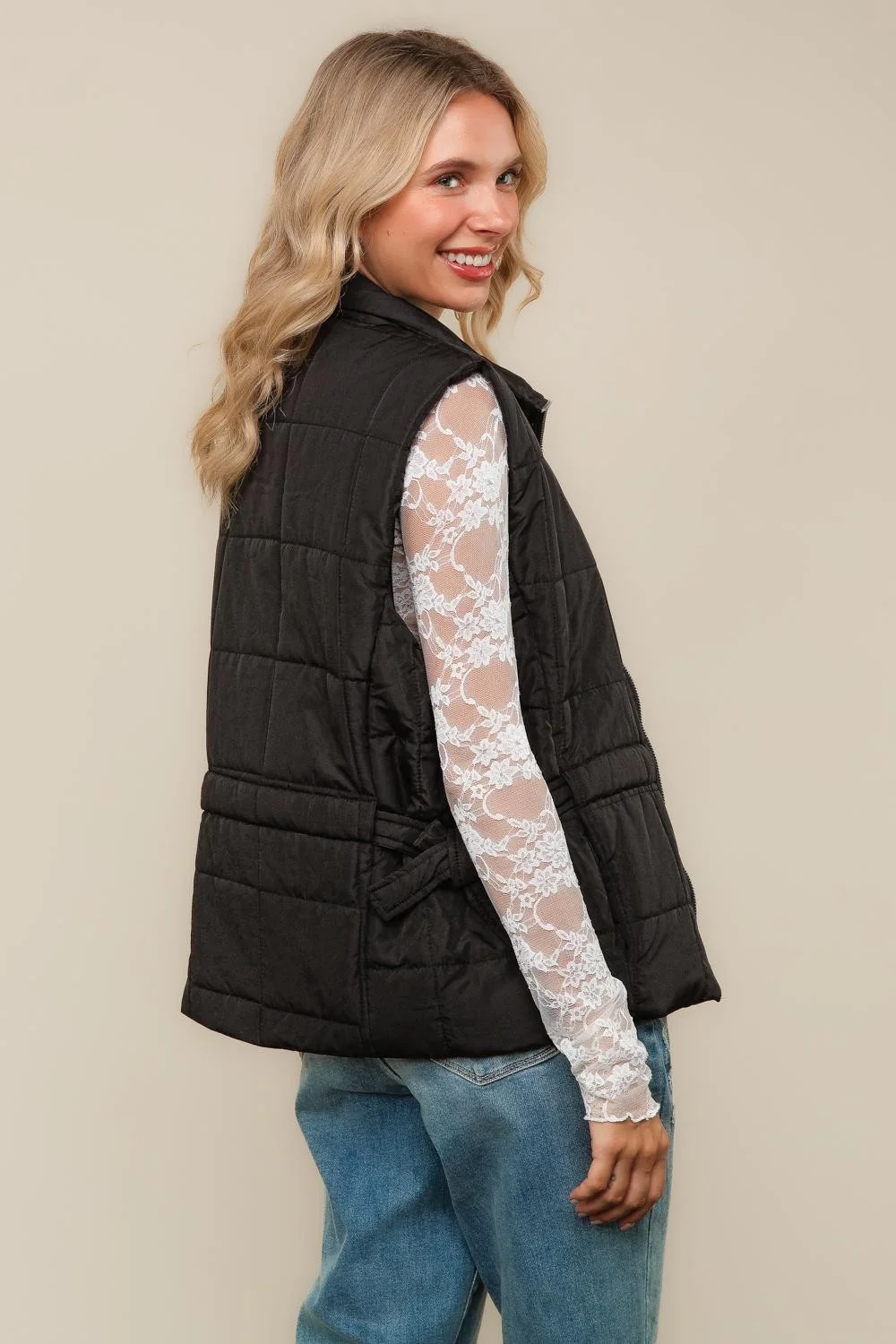 Black High Neck Zip Up Quilted Puffer Vest