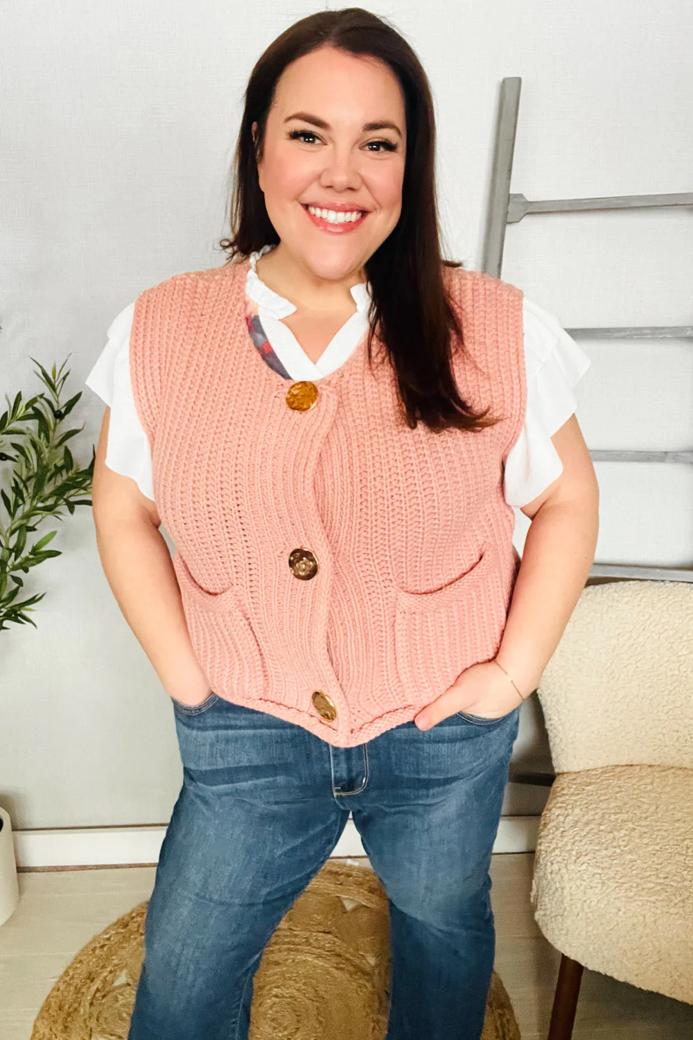 Classy Chic Gold Button Down Chunky Sweater Vest (Open Pack)