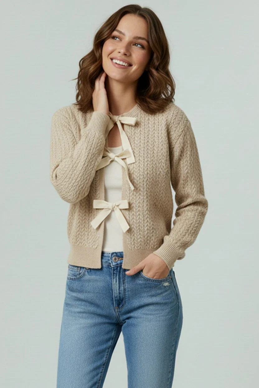 PLUS TIED BOW CABLE PATTERN SWEATER CARDIGAN
