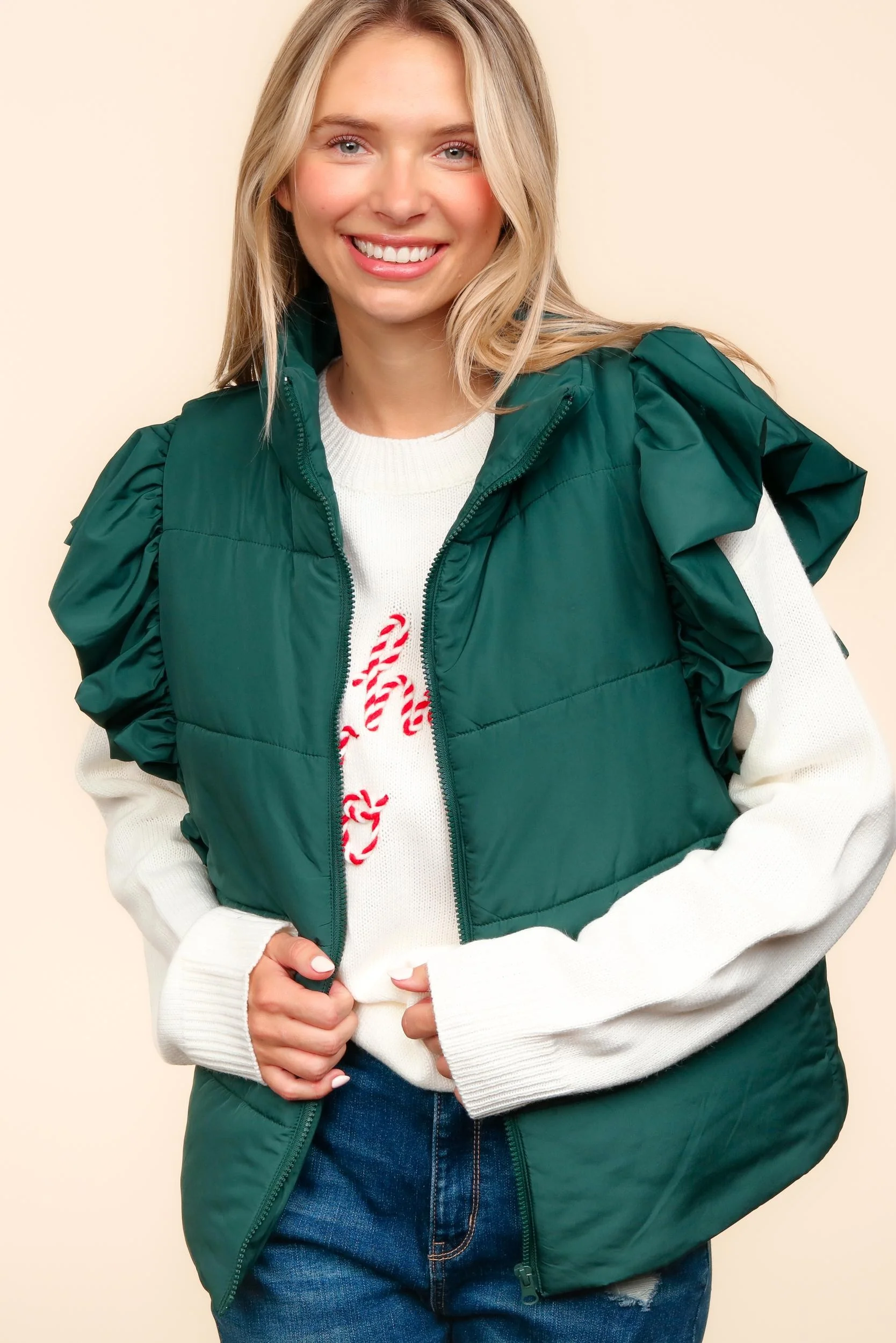 PLUS HIGH NECK ZIPPER UP RUFFLE SLEEVE PUFFER VEST