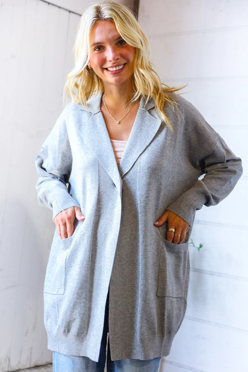 Grey Single Button Collared Open Cardigan with Pockets