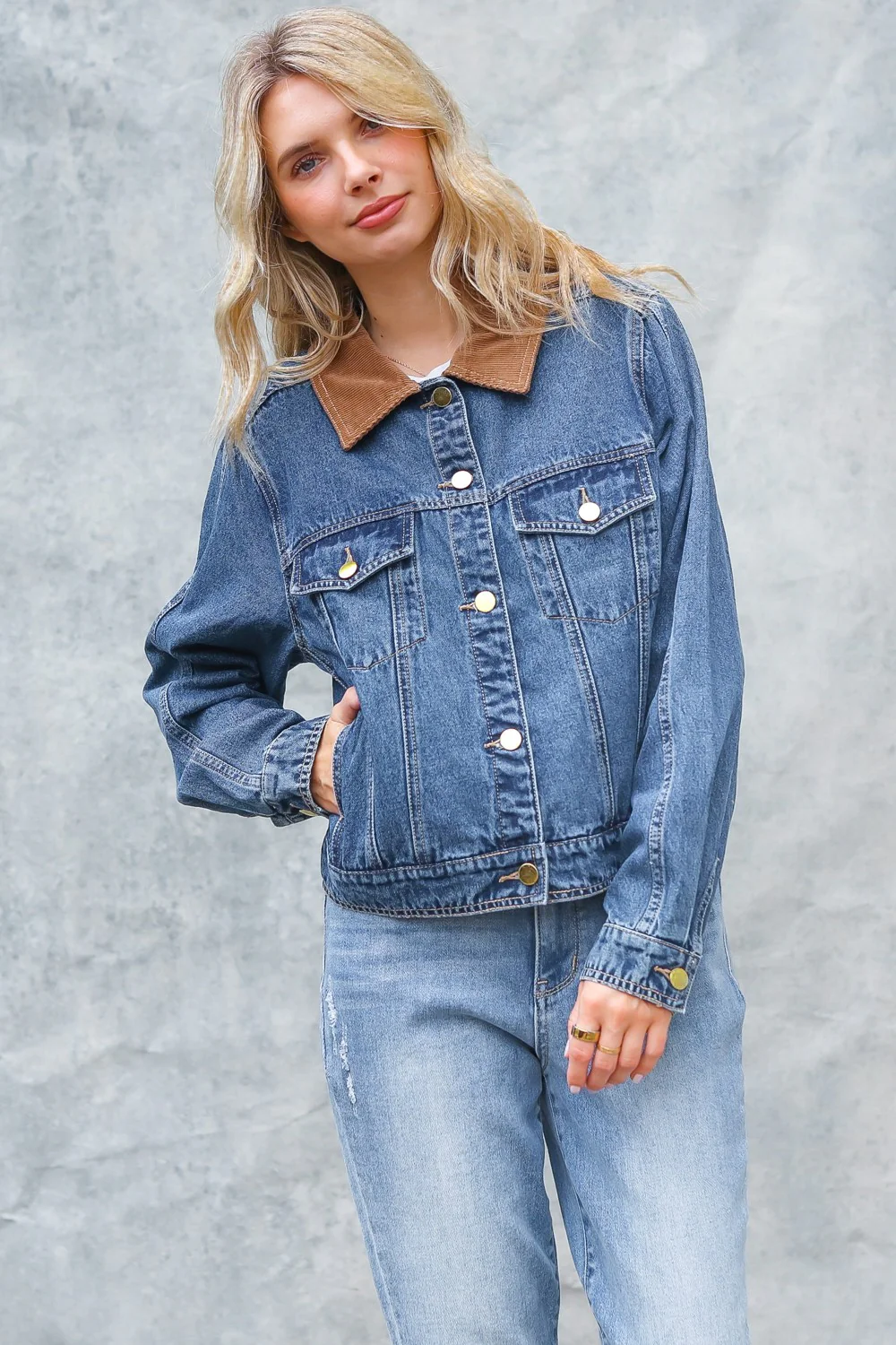 CORDUROY COLLAR BUTTON DOWN DENIM JACKET