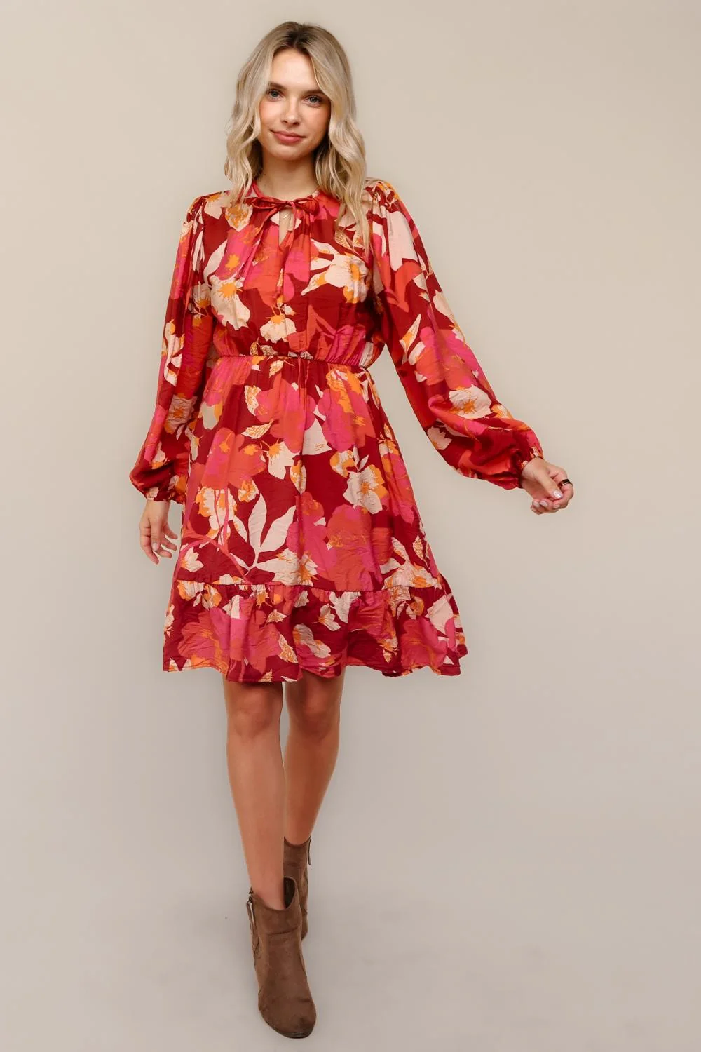 Plus Midi Floral Woven Dress W/Front Bow Tie