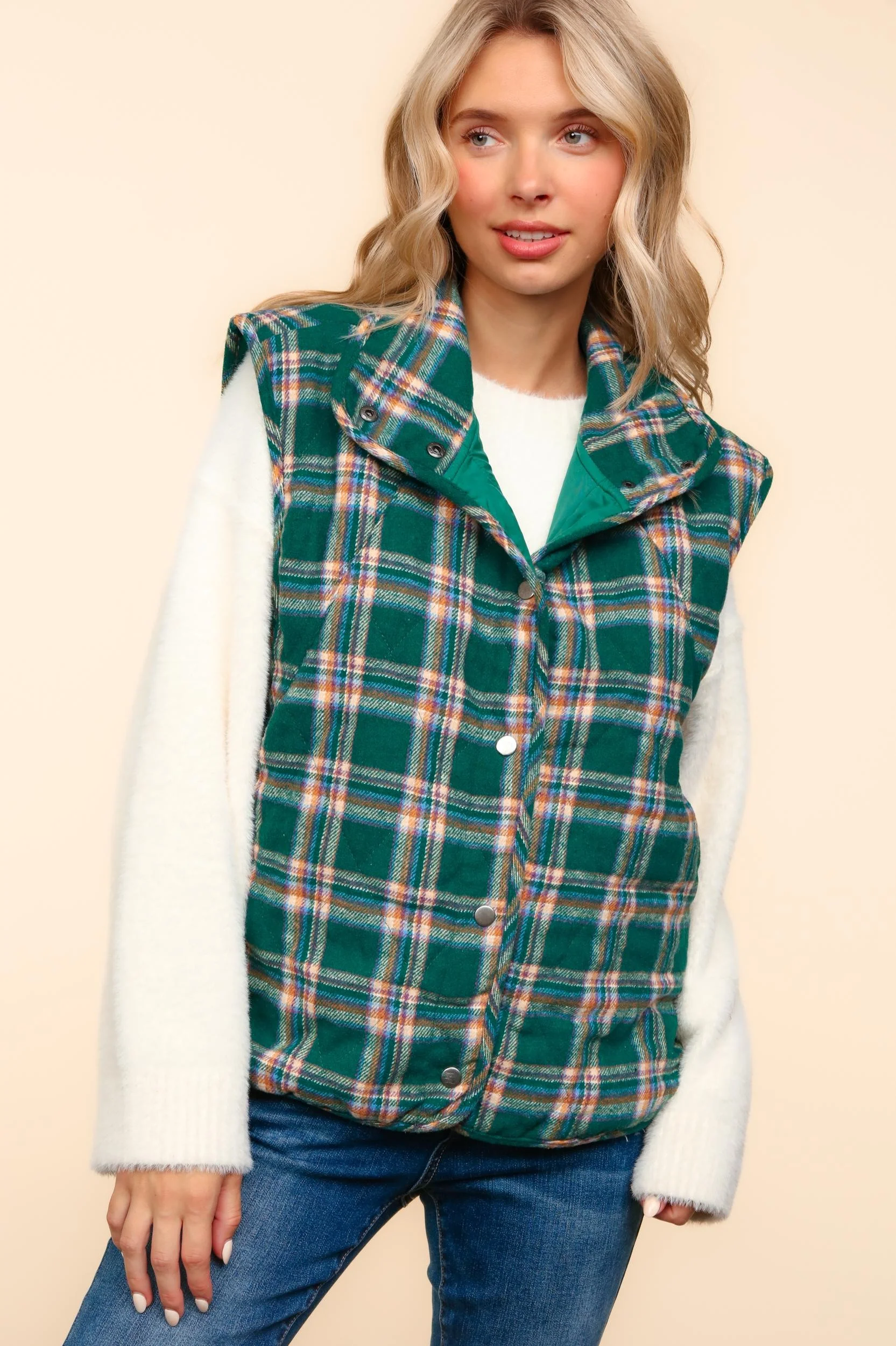 HIGH NECK SNAP BUTTON DOWN PLAID PUFFER VEST