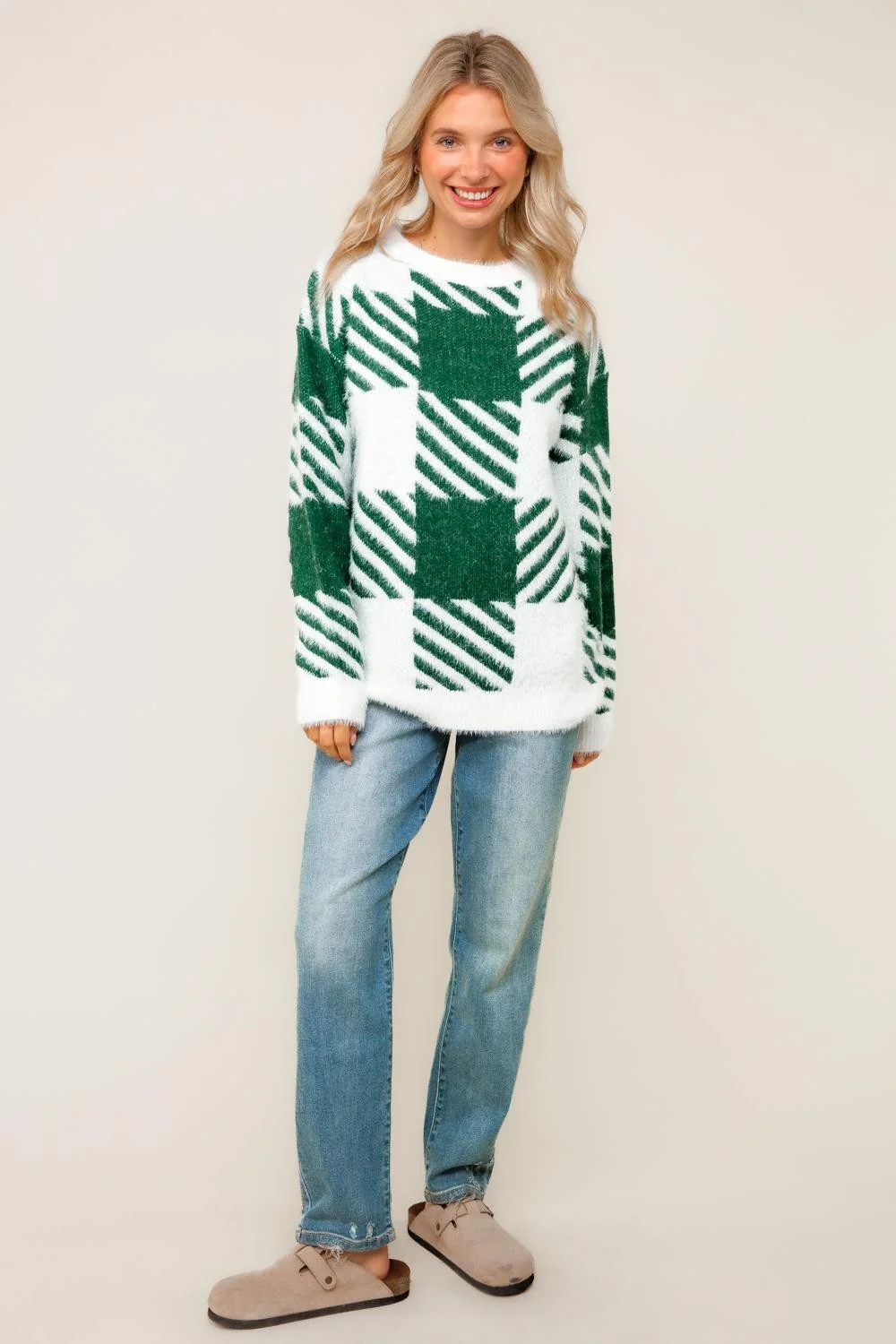 PLUS PLAID PATTERN JACQUARD SWEATER KNIT TOP