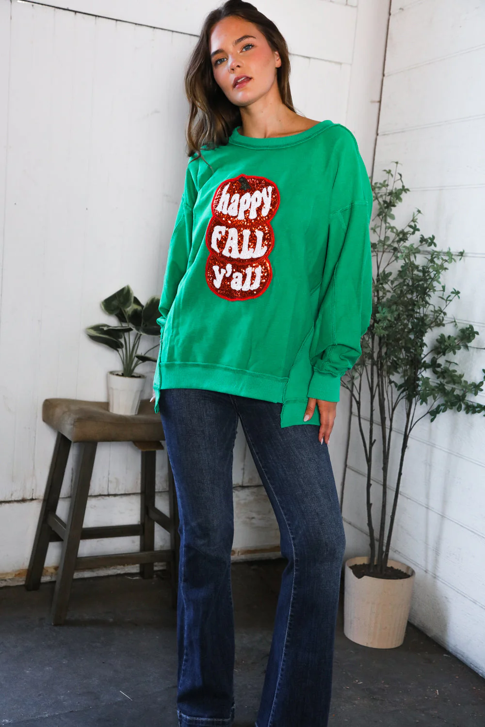 'Happy Fall Y'all' Kelly Green Sweater (Open Pack)