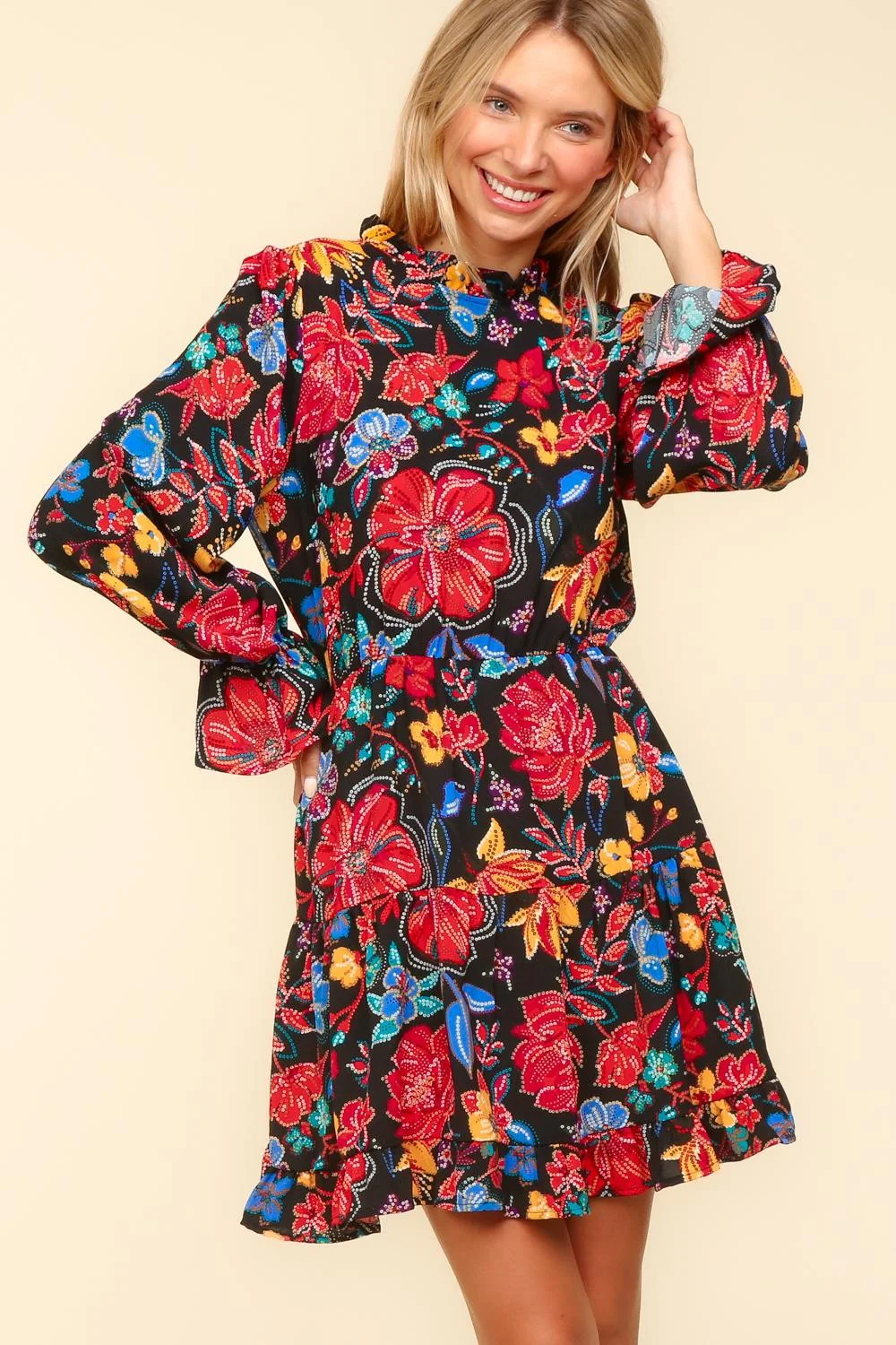 PLUS FLORAL MOCK NECK SEQUINS PRINT MINI DRESS