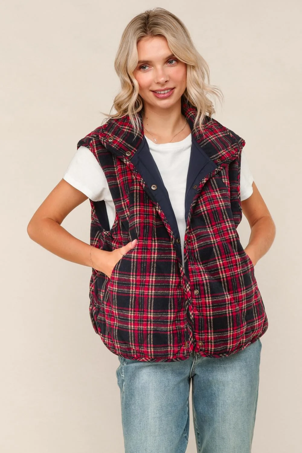PLUS SNAP BUTTON DOWN PLAID QUILTED VEST JACKET