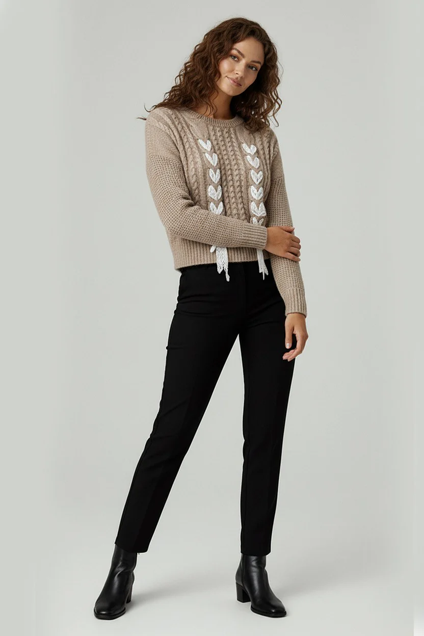 PLUS ROUND NECK CABLE PATTERN LACE BOW SWEATER