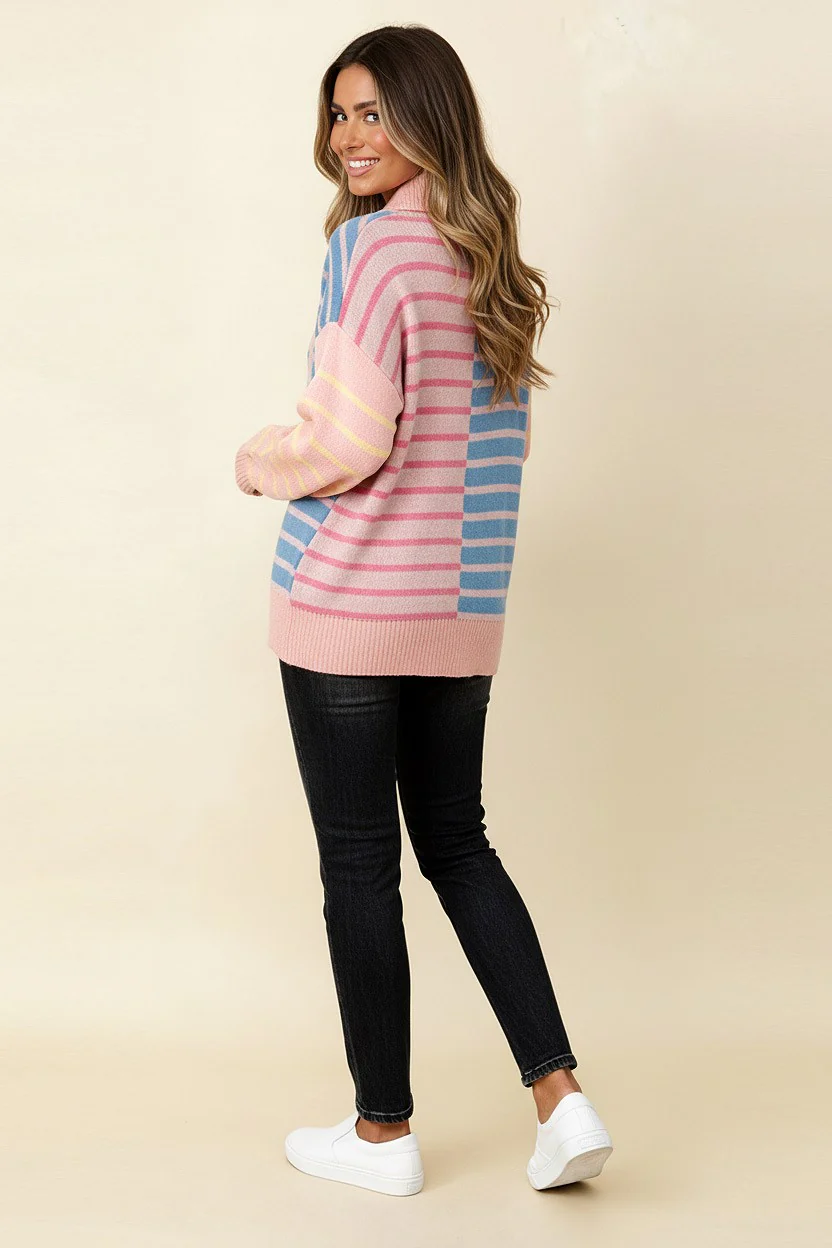 PLUS HALF ZIP UP STRIPE OVERSIZED SWEATER KNIT TOP