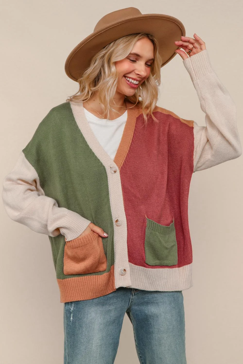 PLUS COLOR BLOCK SWEATER CARDIGAN W/POCKET