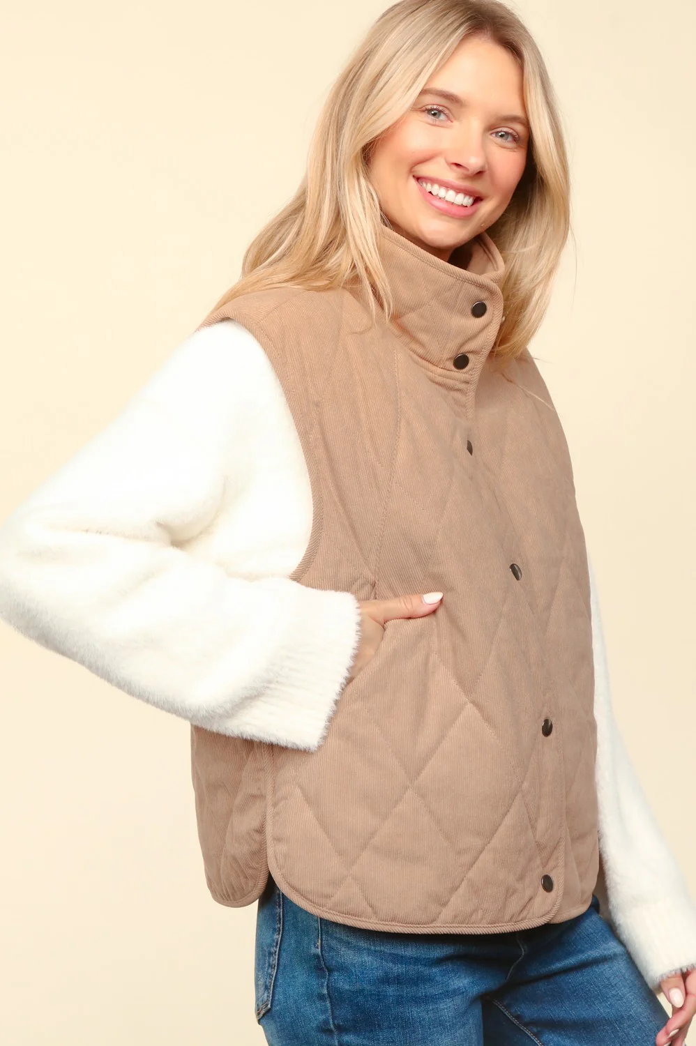 Taupe High Neck Sleeveless Snap Button Corduroy Vest