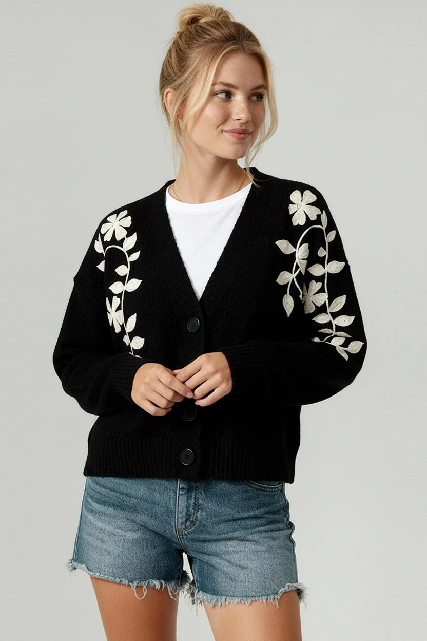 PLUS BUTTON DOWN EMBROIDERED FLORAL SWEATER CARDIGAN