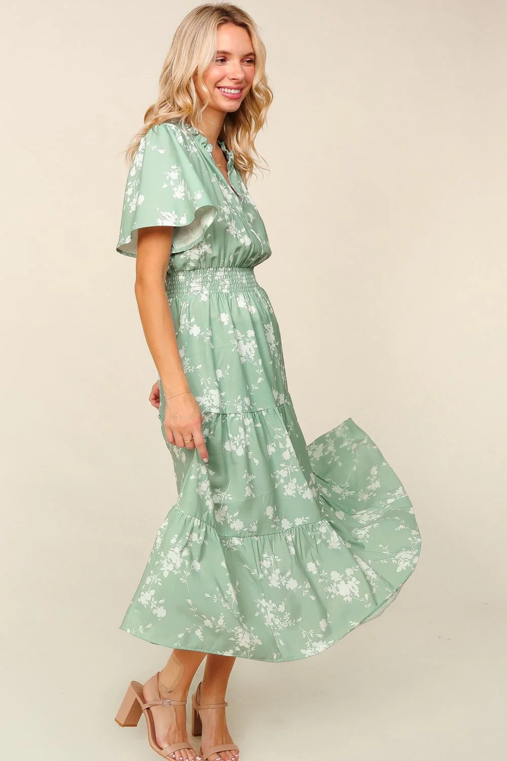 FRILLED NOTCH NECK SMOCKED WAIST FLORAL DRESS