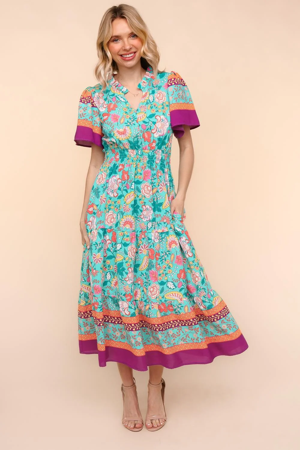 MAX FLORAL BORDER PRINT DRESS W/SIDE POCKETS