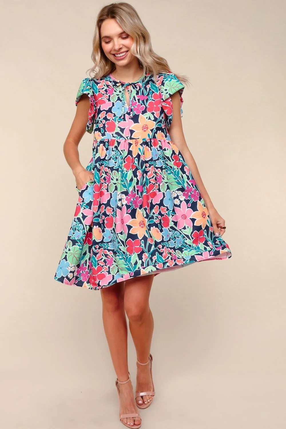 NAVY FLORAL KNEE LENGTH DRESS W/ SIDE POCKETS