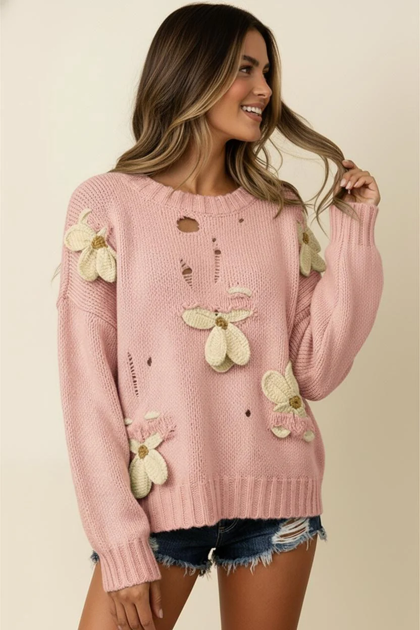 PLUS DISTRESSED 3D FLORAL LONG SLEEVE SWEATER