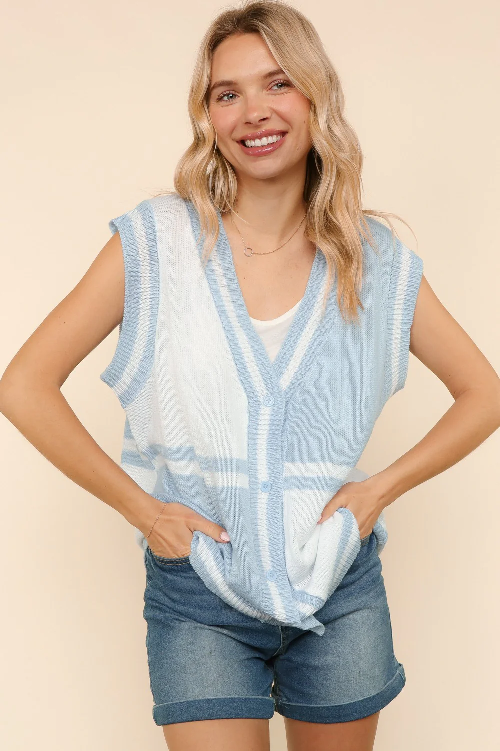 Light Blue V Neck Button Down Color Block Sweater Vest