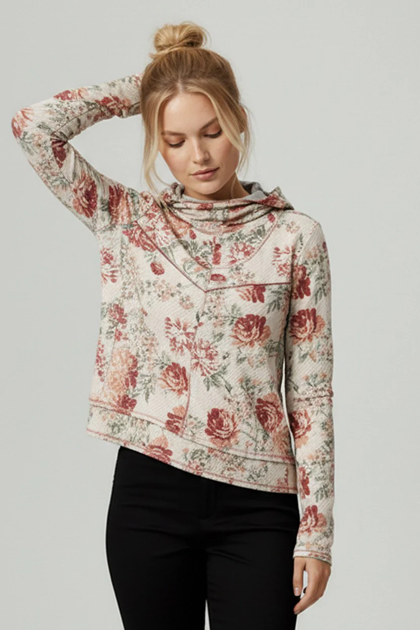 HOODIE FLORAL LONG SLEEVE THUMBHOLE TOP