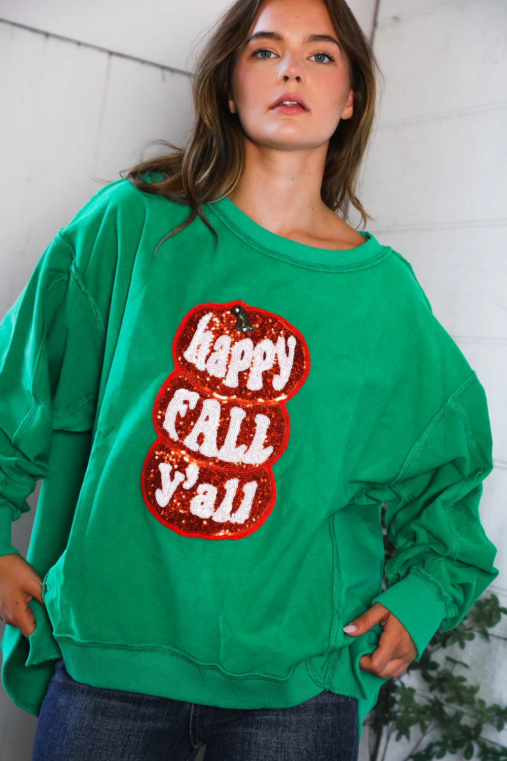 'Happy Fall Y'all' Kelly Green Sweater (Open Pack)