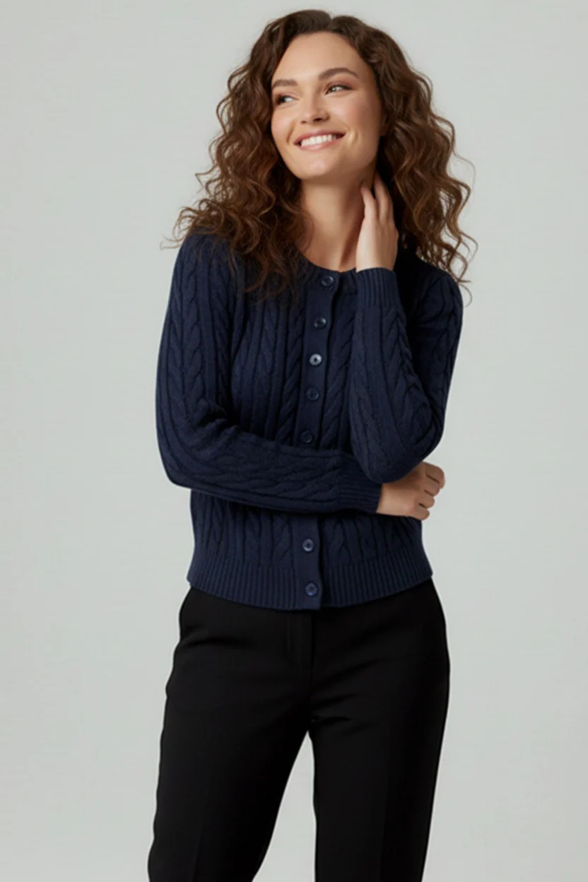 NAVY BUTTON UP CABLE KNIT SWEATER CARDIGAN