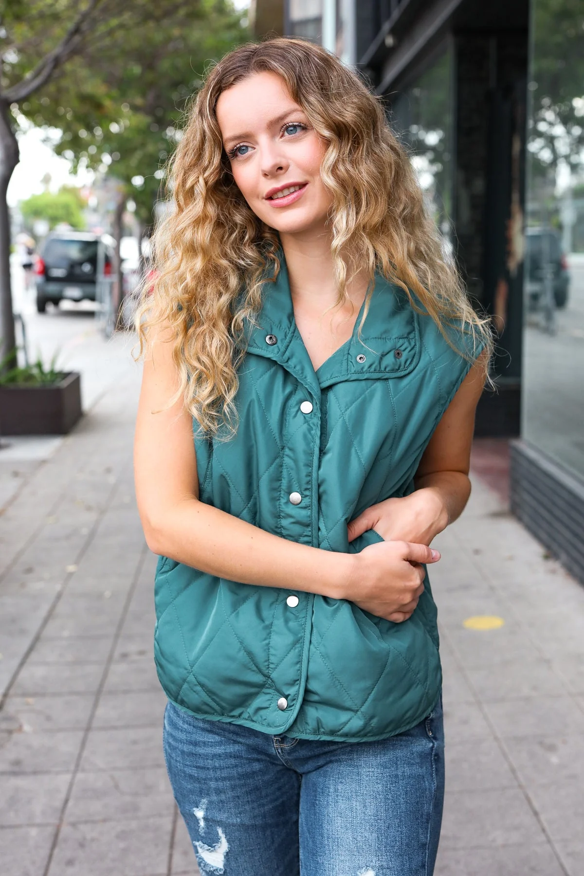Weekend Ready Hunter Green Snap Button Quilted Puffer Vest (Open Pack)