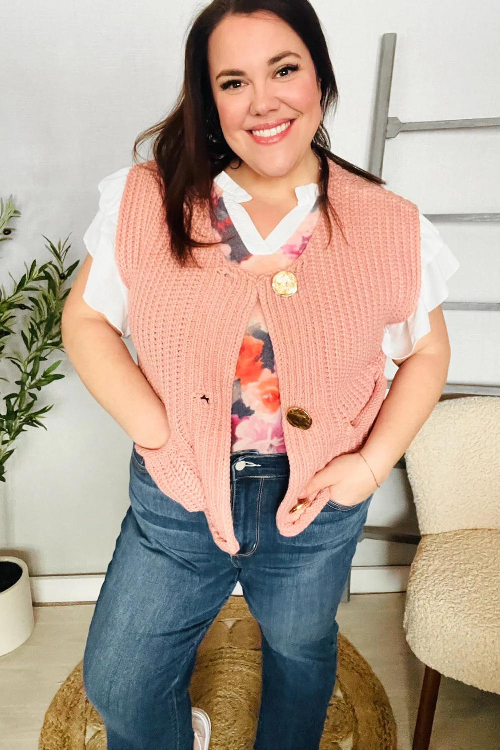 Classy Chic Gold Button Down Chunky Sweater Vest (Open Pack)