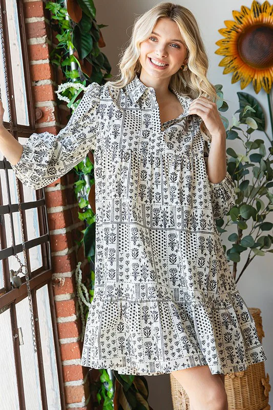 Off Olive Floral Design Woven Dress