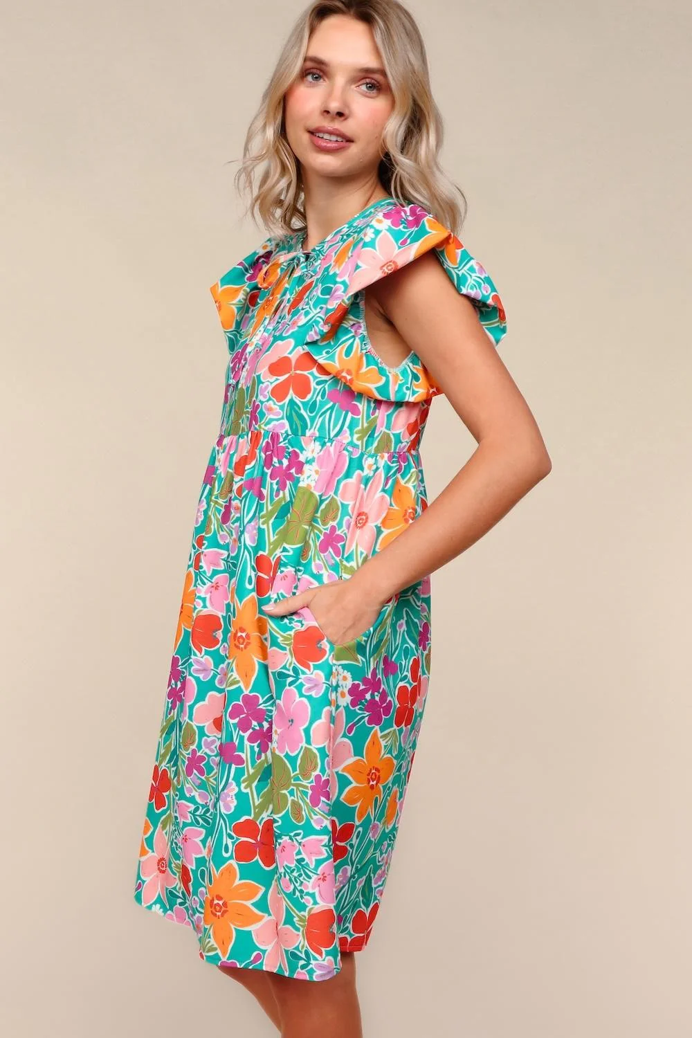 PLUS MINT FLORAL KNEE LENGTH DRESS W/ SIDE POCKETS