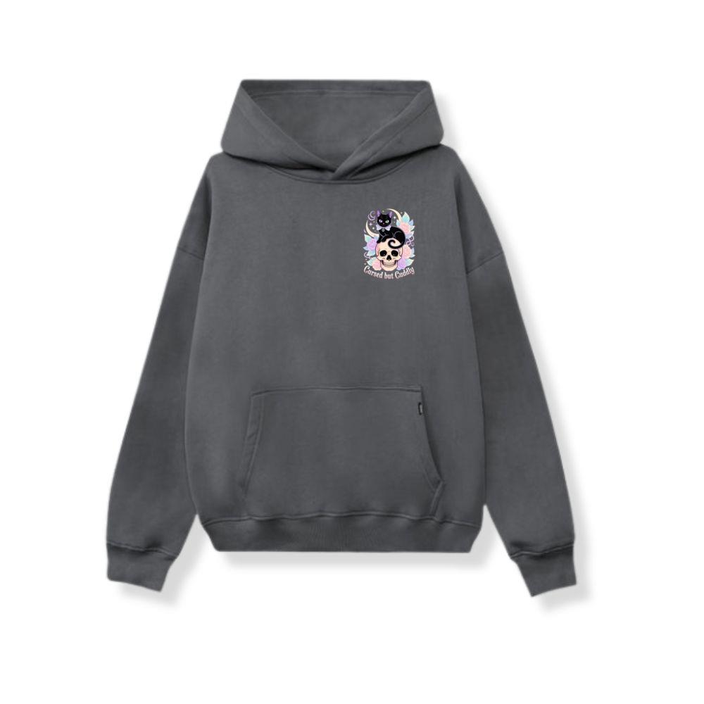 Cursed but Cuddly Skull Cat Retro Graphic Hoodie