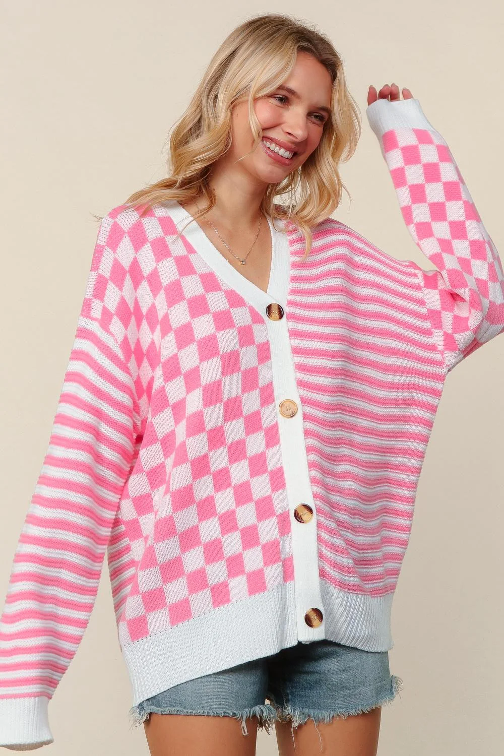 PLUS BUTTON DOWN CHECKER STRIPE SWEATER CARDIGAN