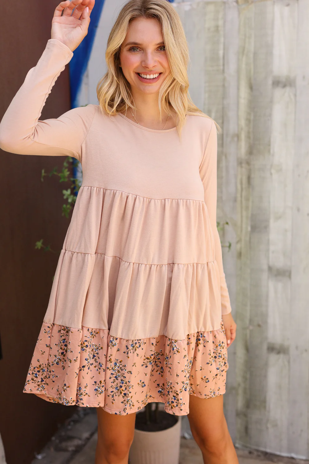 Taupe French Terry Floral Tiered Dress