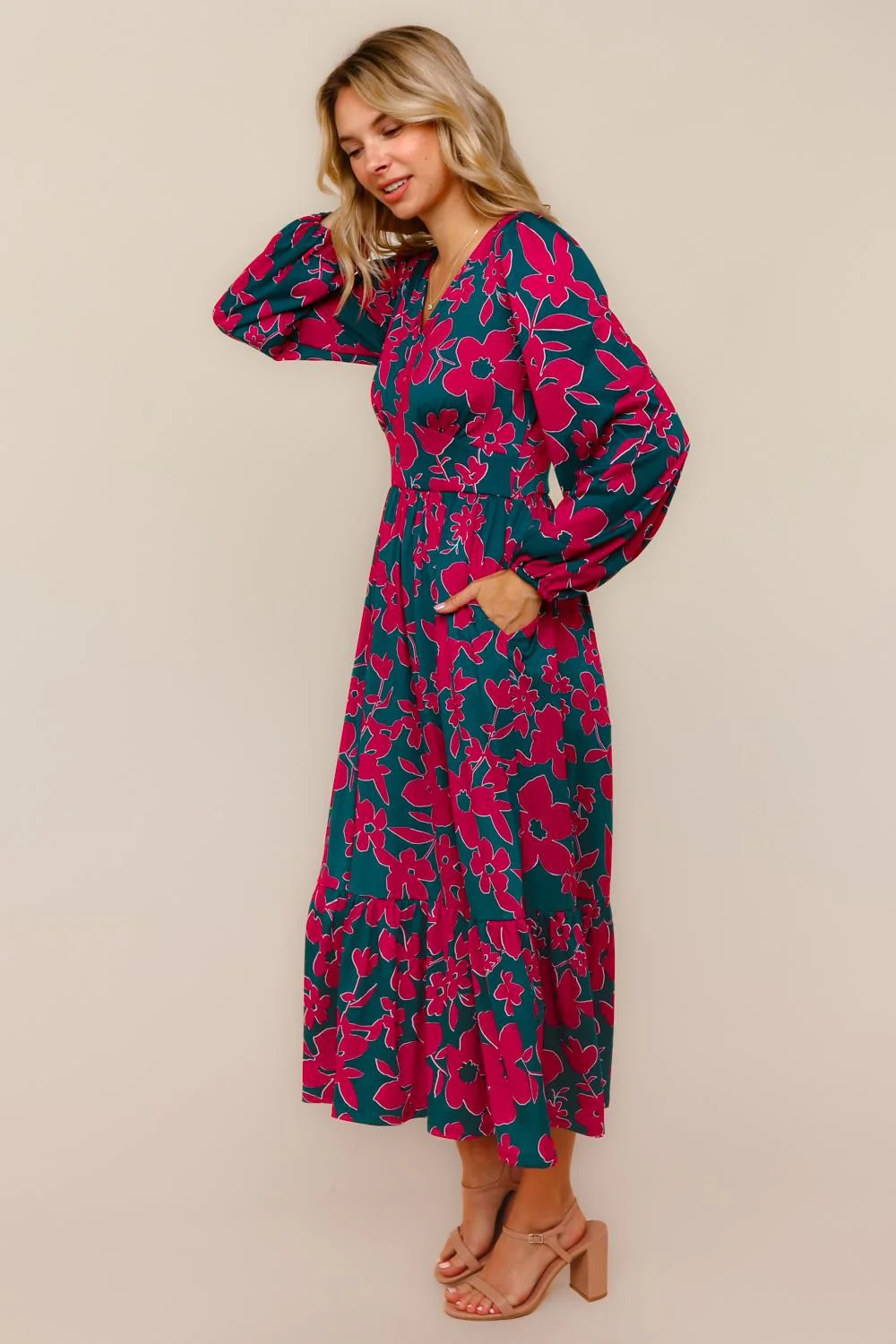 Teal/Magenta Vintage Floral Midi Ruffle Hem Dress