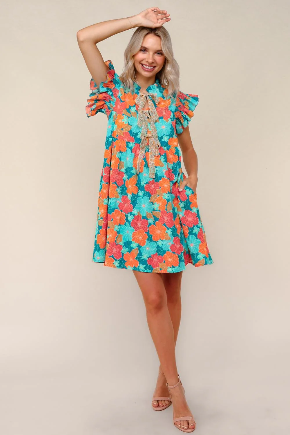 PLUS FLORAL CHIFFON DRESS W/ RUFFLE SHORT SLEEVES