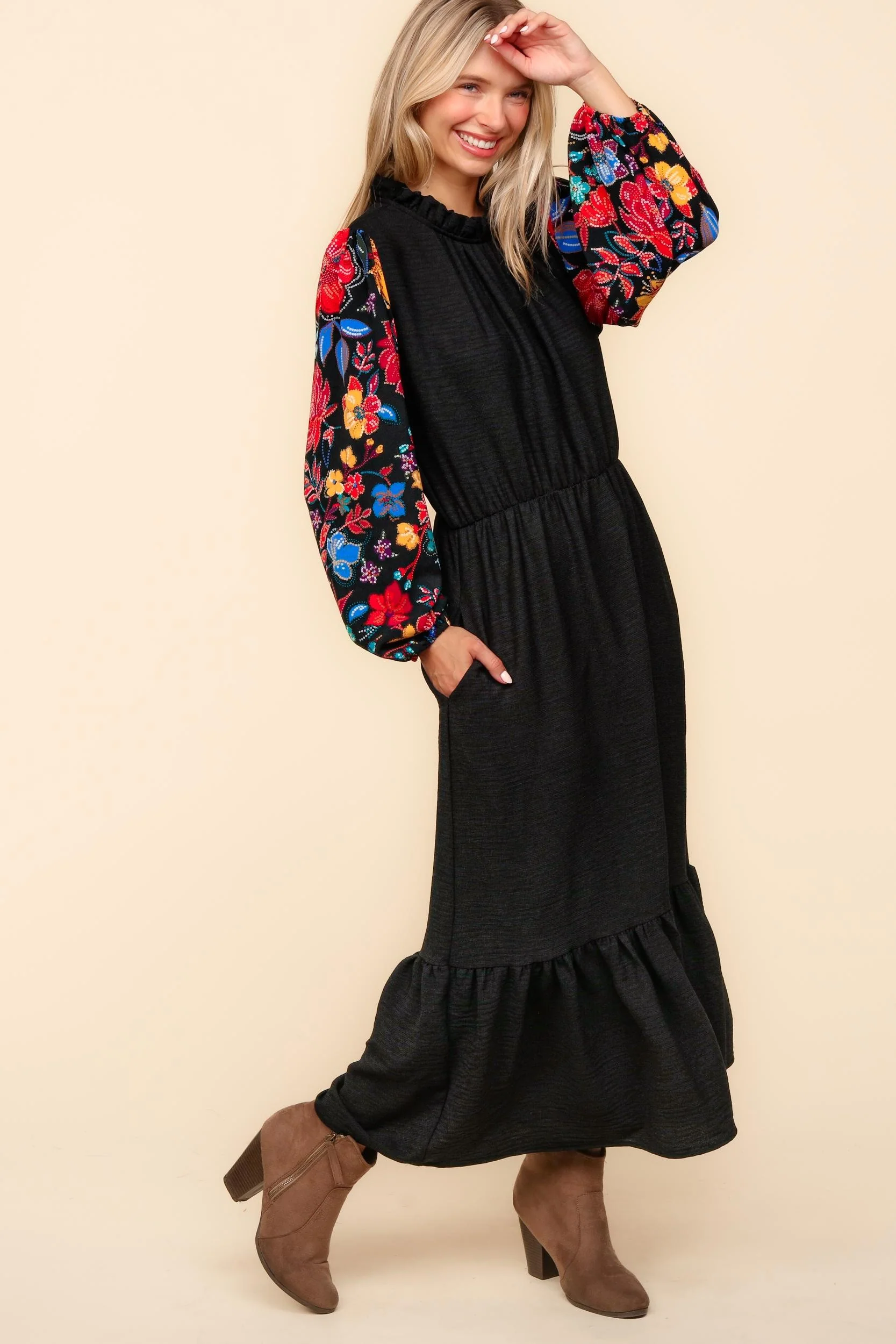 PLUS FLORAL SEQUINS PRINT LONG SLEEVE MAXI DRESS