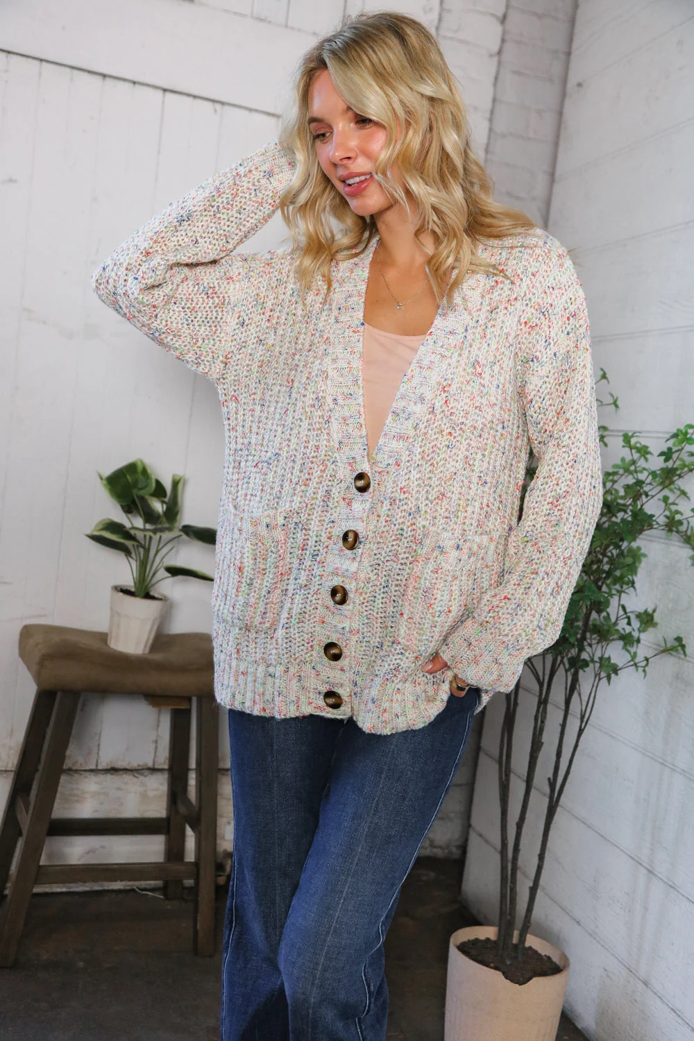 Cozy in Confetti Pocketed Button Cardigan (Open Pack)