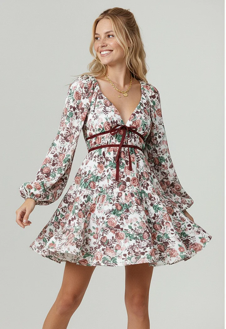 SHIRRED VINTAGE FLORAL PRINT TIERED DRESS