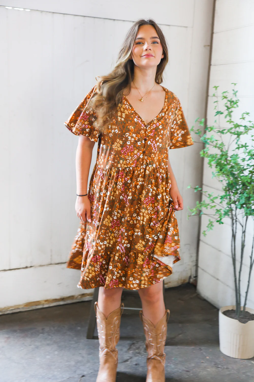 Plus Camel Floral Dress