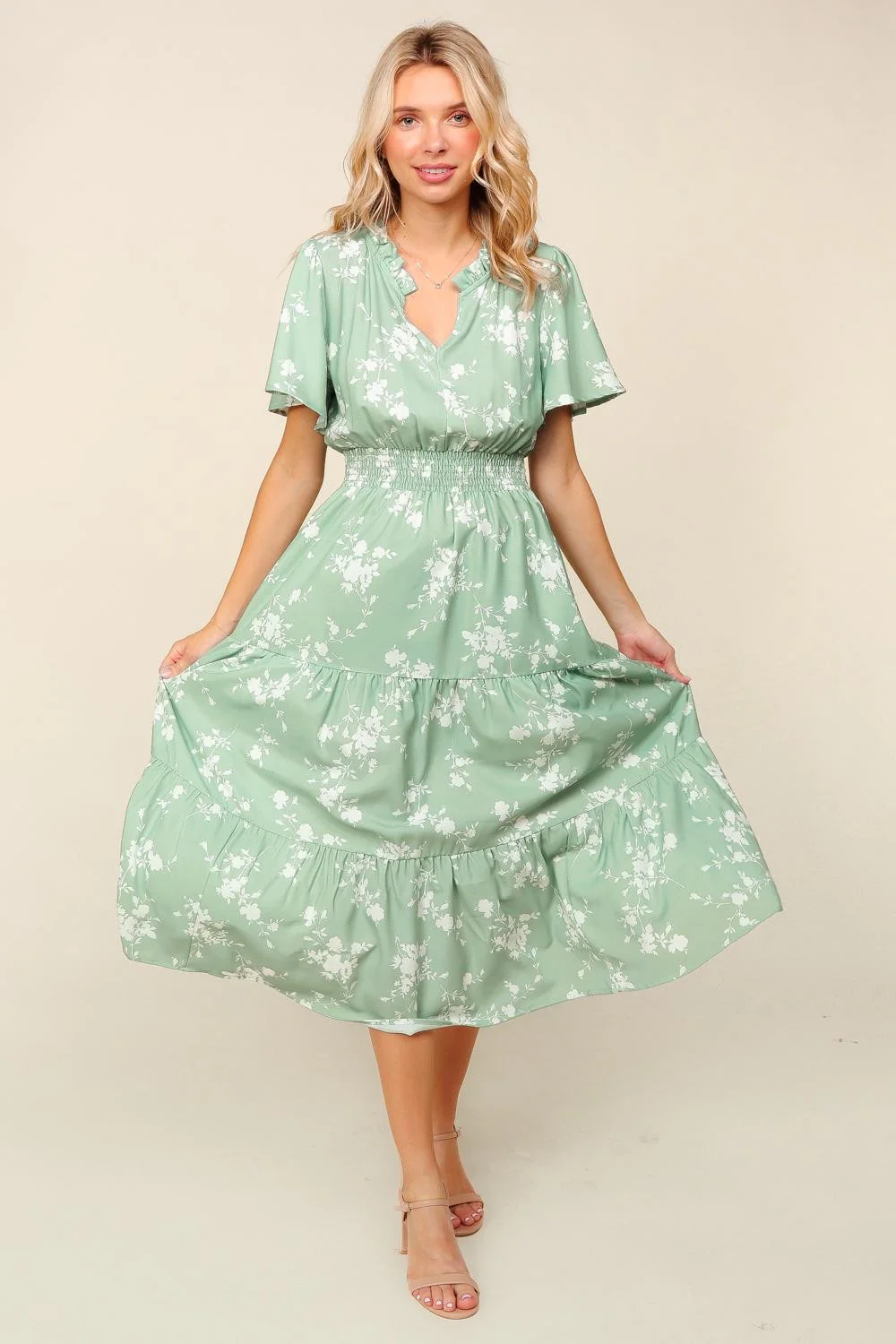 FRILLED NOTCH NECK SMOCKED WAIST FLORAL DRESS
