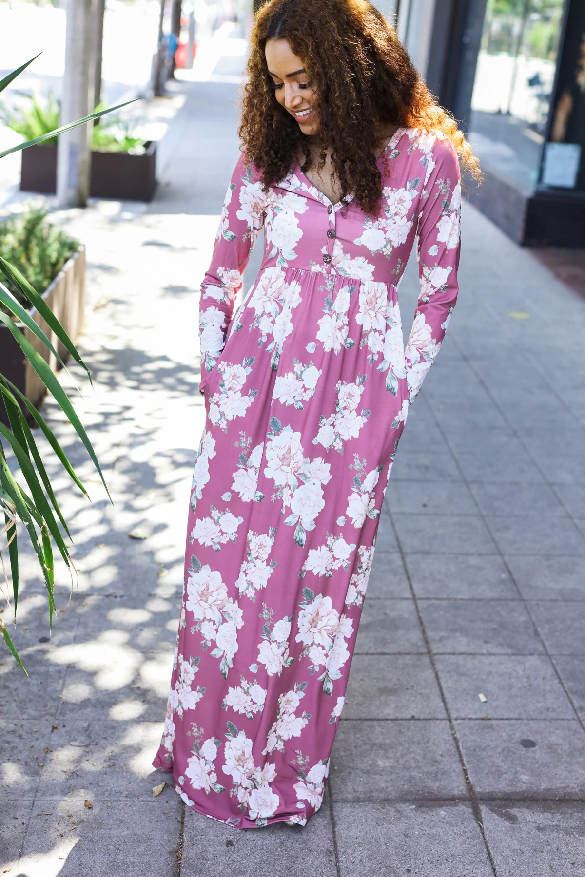 Mauve Floral Button Down Pocketed Dress