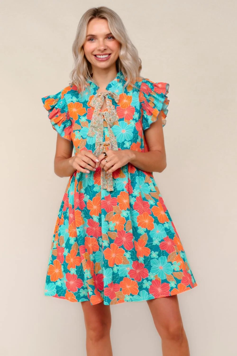 FLORAL CHIFFON DRESS W/ RUFFLE SHORT SLEEVES