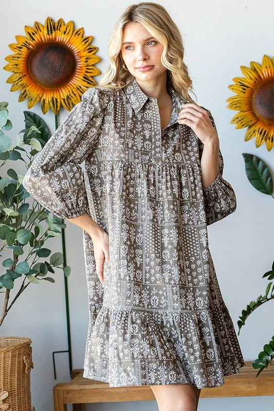 Off Olive Floral Design Woven Dress