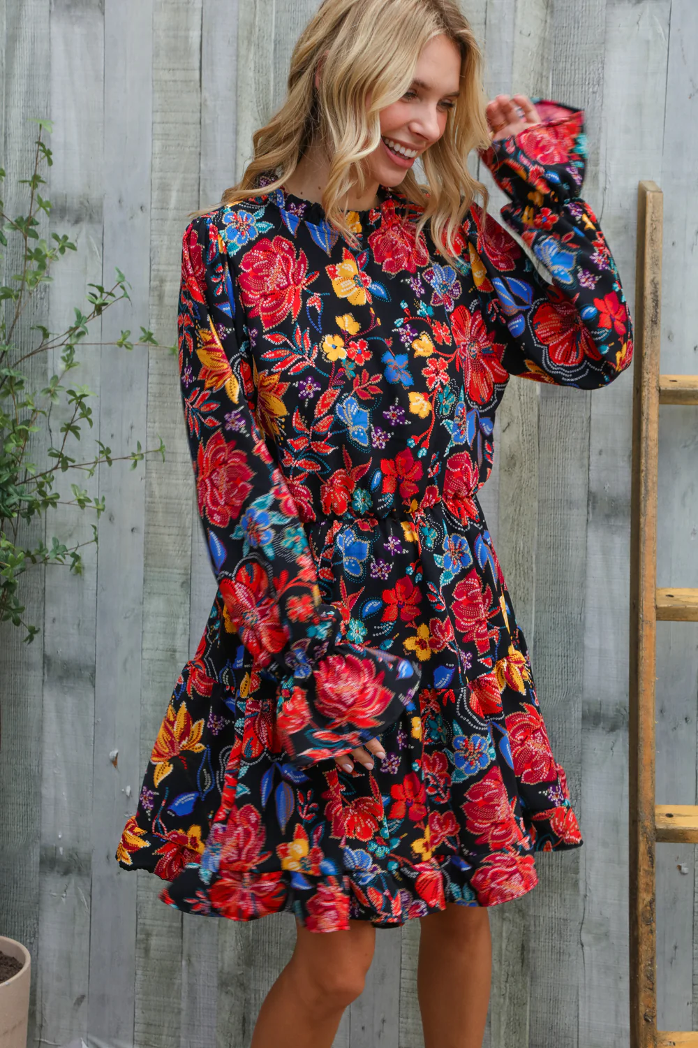 Black Woven Floral Print Dress