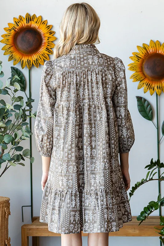 Off Olive Floral Design Woven Dress