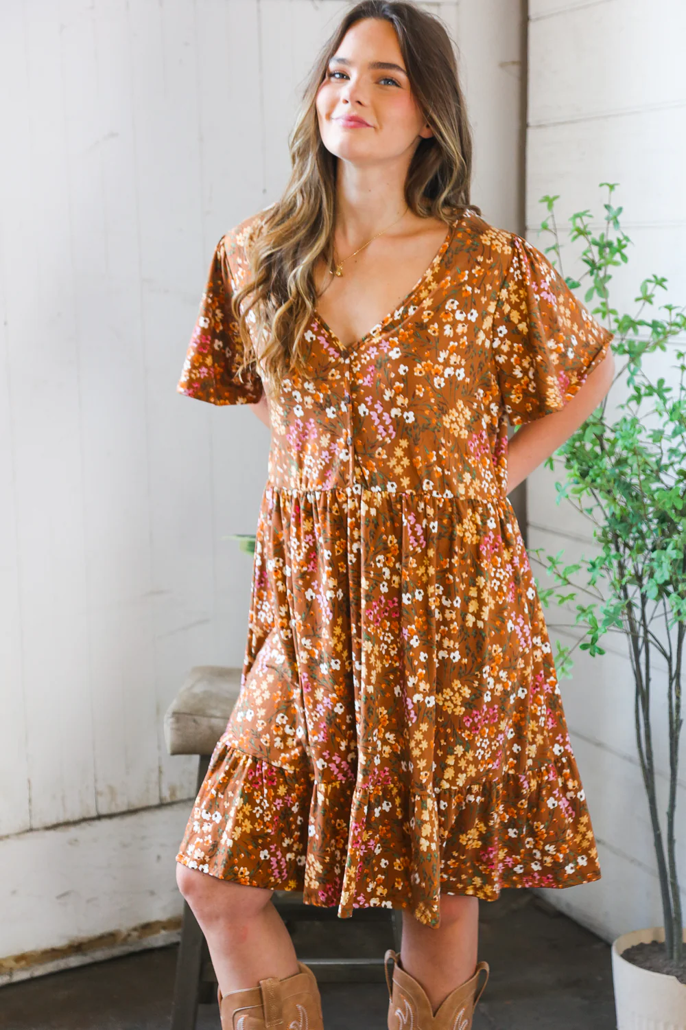 Plus Camel Floral Dress