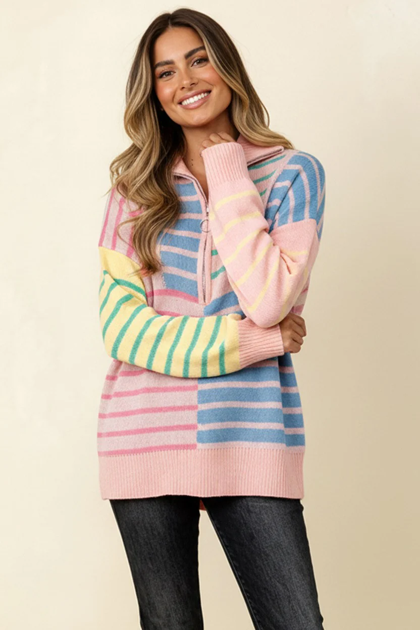 PLUS HALF ZIP UP STRIPE OVERSIZED SWEATER KNIT TOP