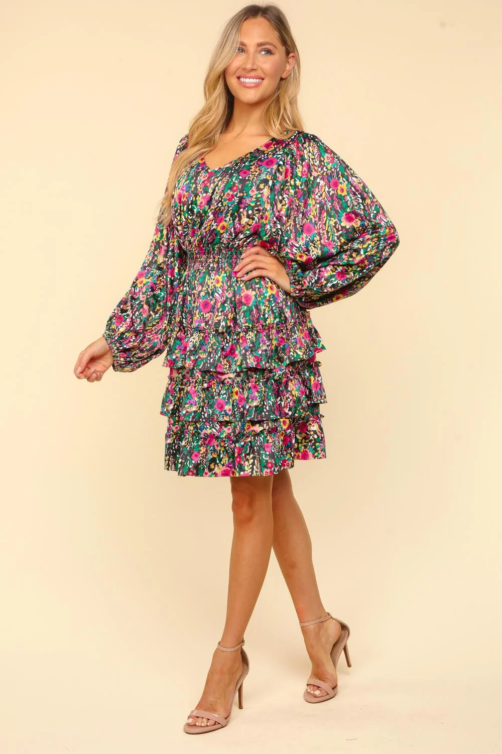 PLUS HIGH LOW KNEE LENGTH SATIN FLORAL WOVEN DRESS