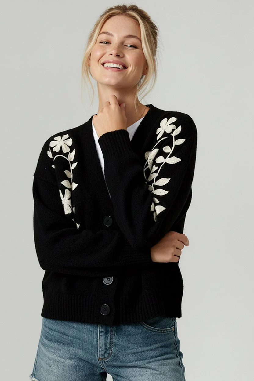 PLUS BUTTON DOWN EMBROIDERED FLORAL SWEATER CARDIGAN