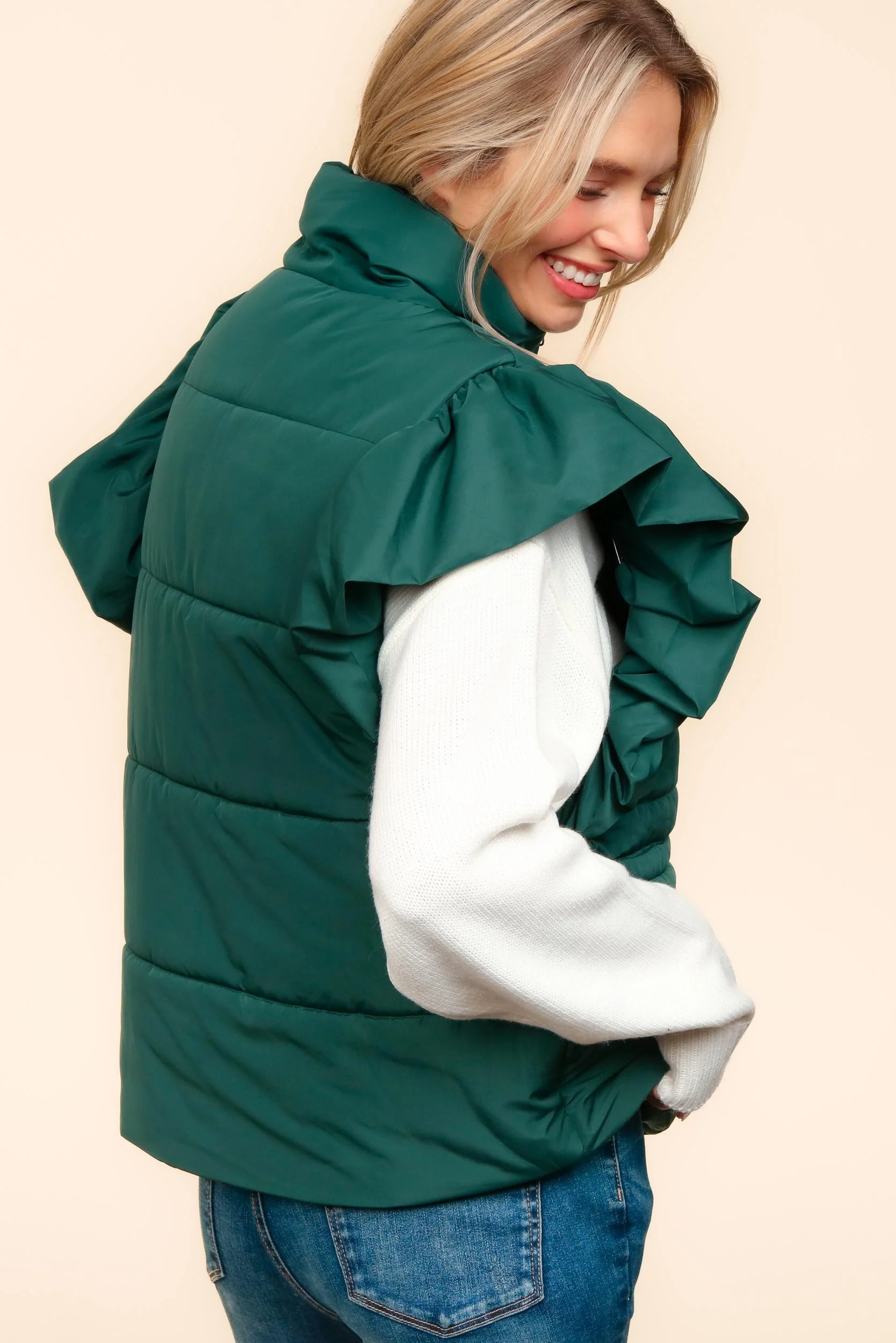 PLUS HIGH NECK ZIPPER UP RUFFLE SLEEVE PUFFER VEST