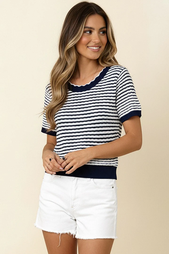 PLUS ROUND SCALLOP NECK JACQUARD SWEATER KNIT TOP